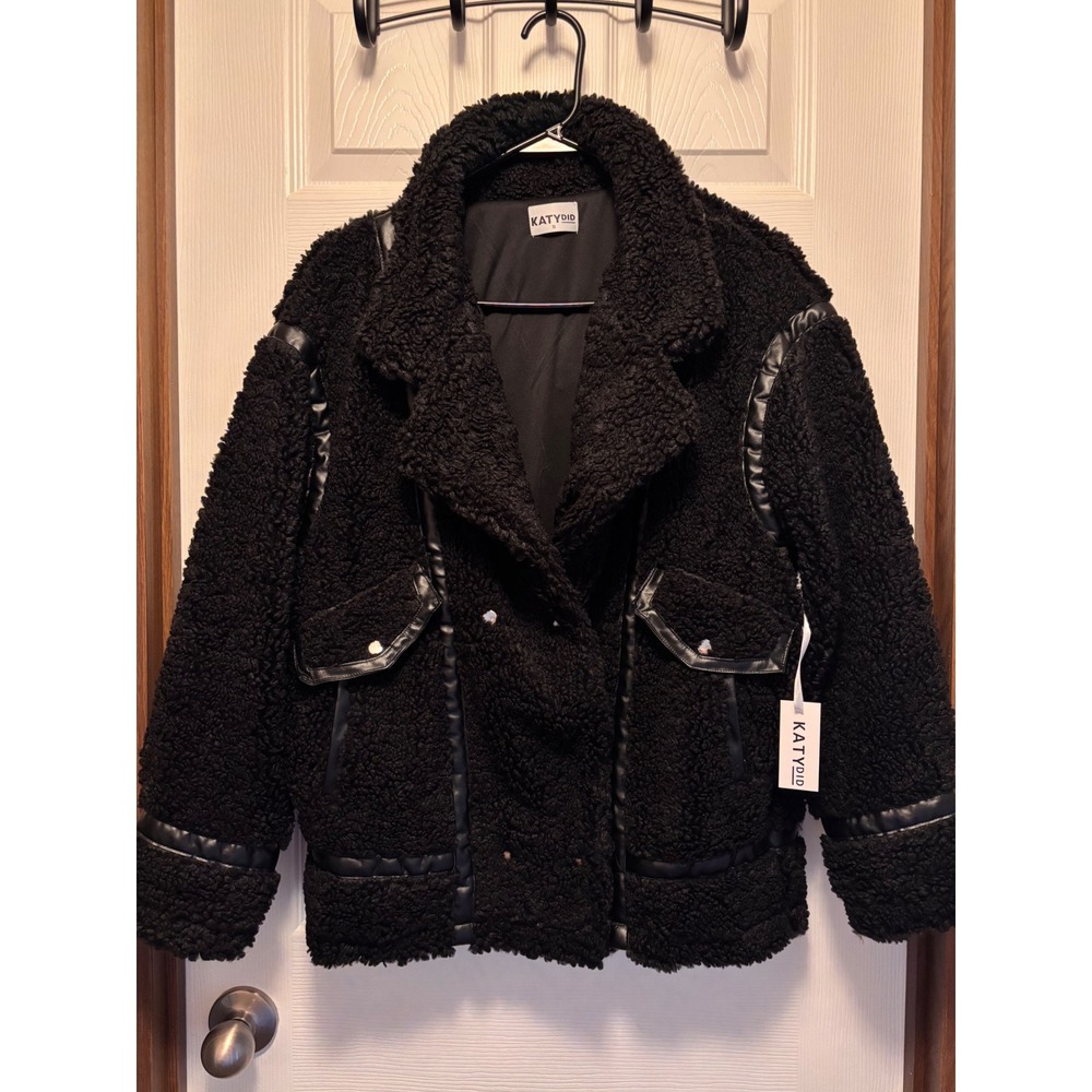 Katydid Black Sherpa Faux Shearling Jacket Faux Leather Trim Moto Coat Small NEW